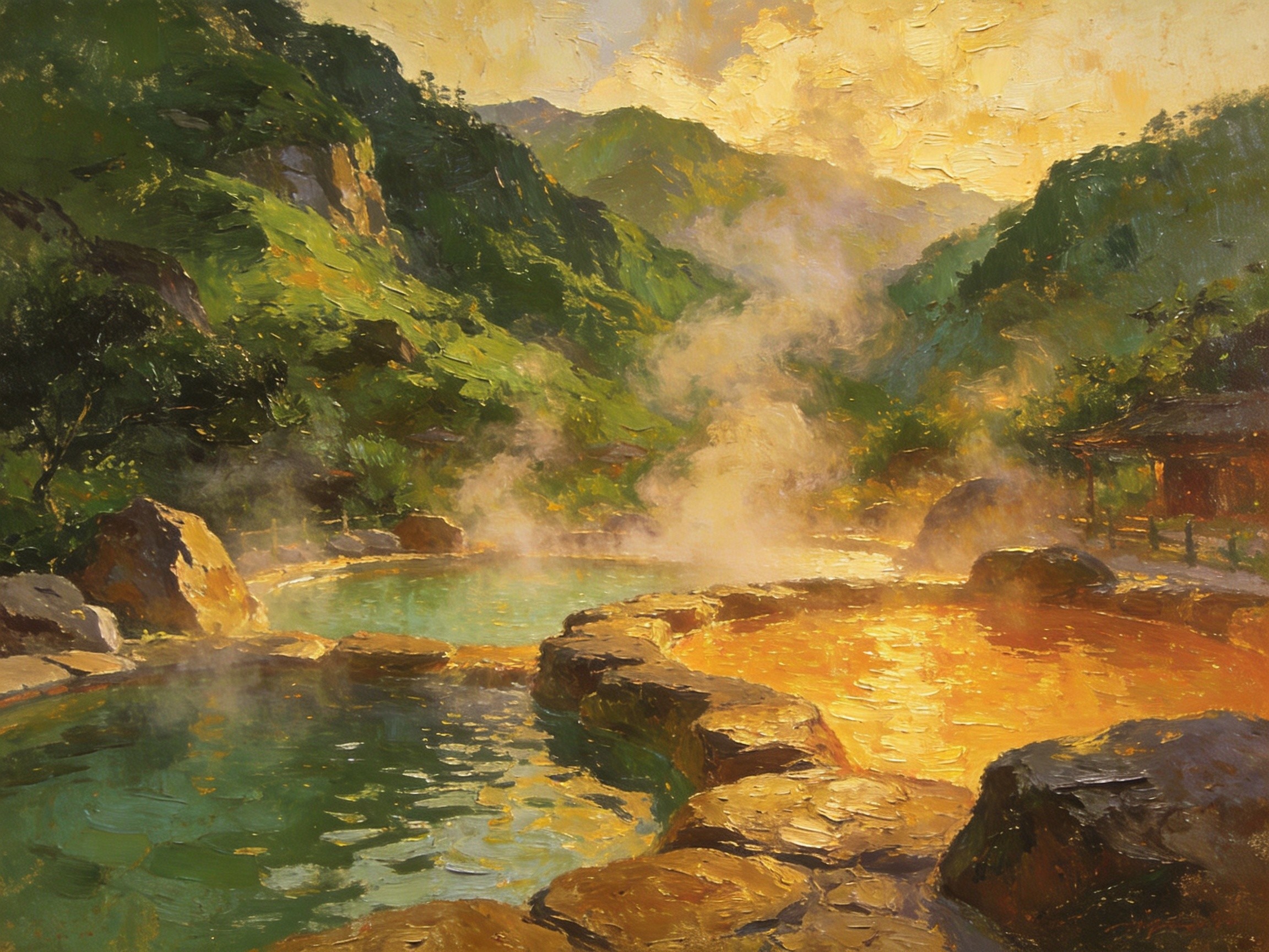 英山温泉热气蒸腾，山间泡池如仙境