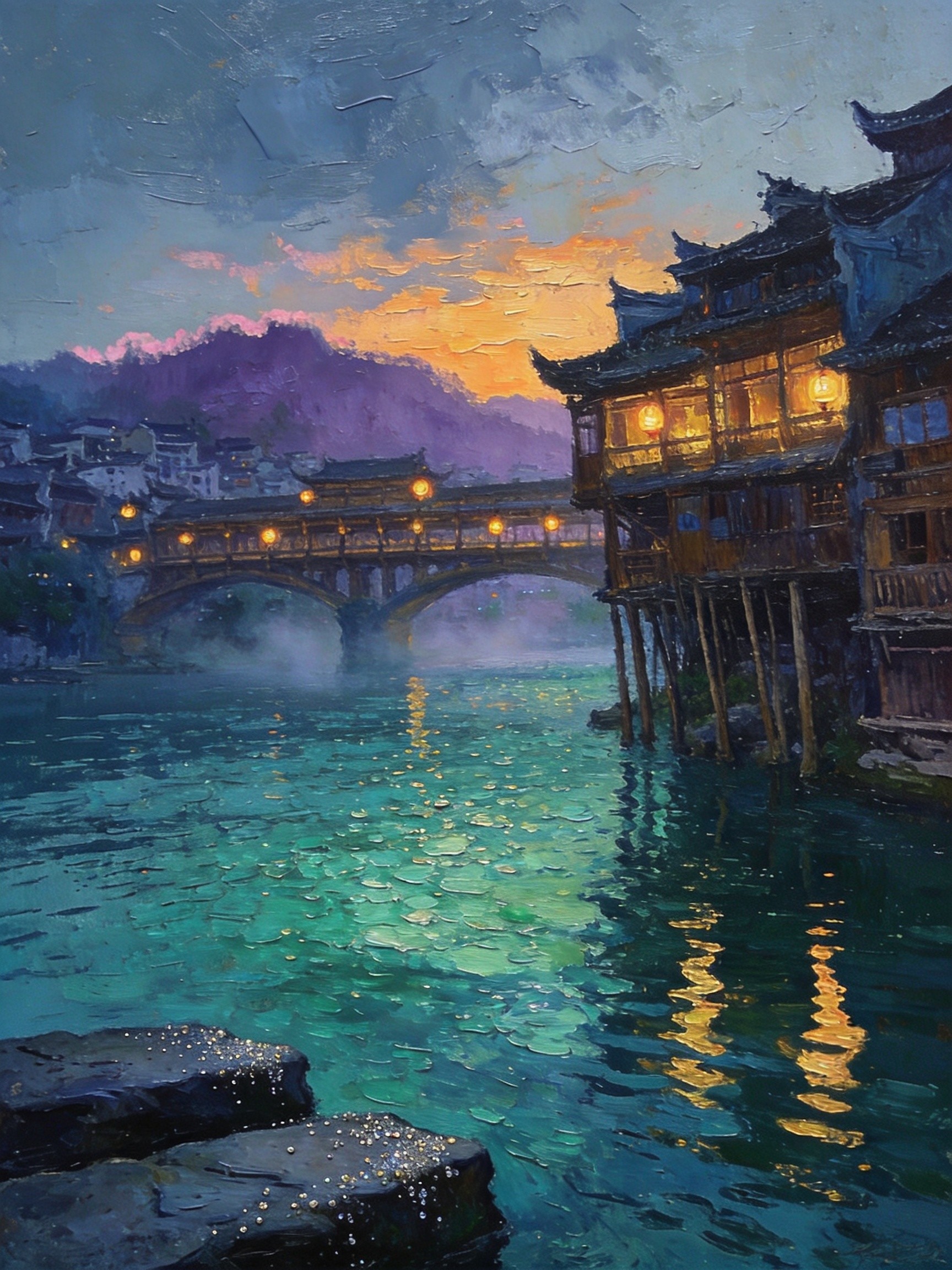跳岩过江与捣衣女的晨景