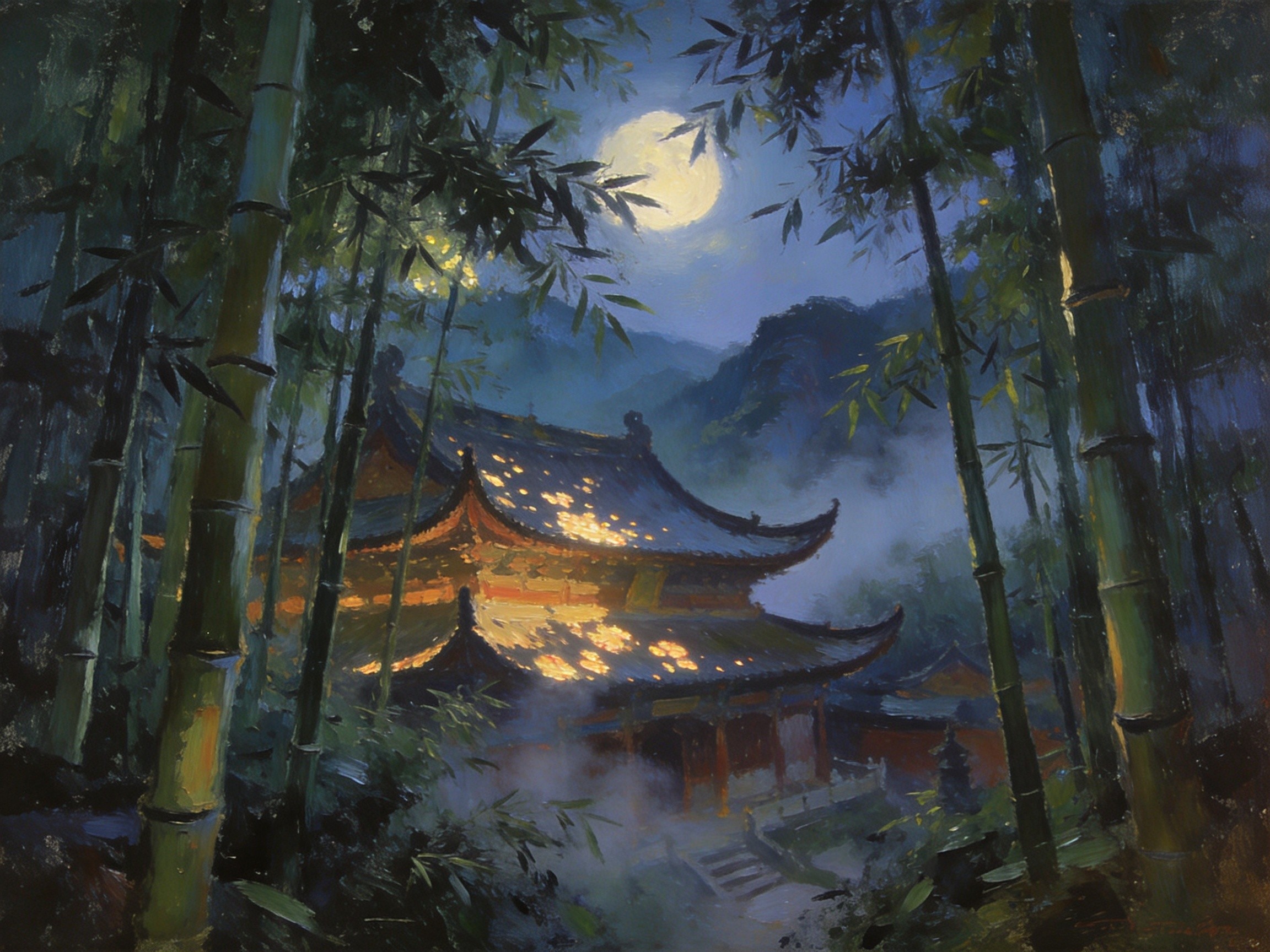 月山寺古刹隐于竹林深处，钟声悠扬