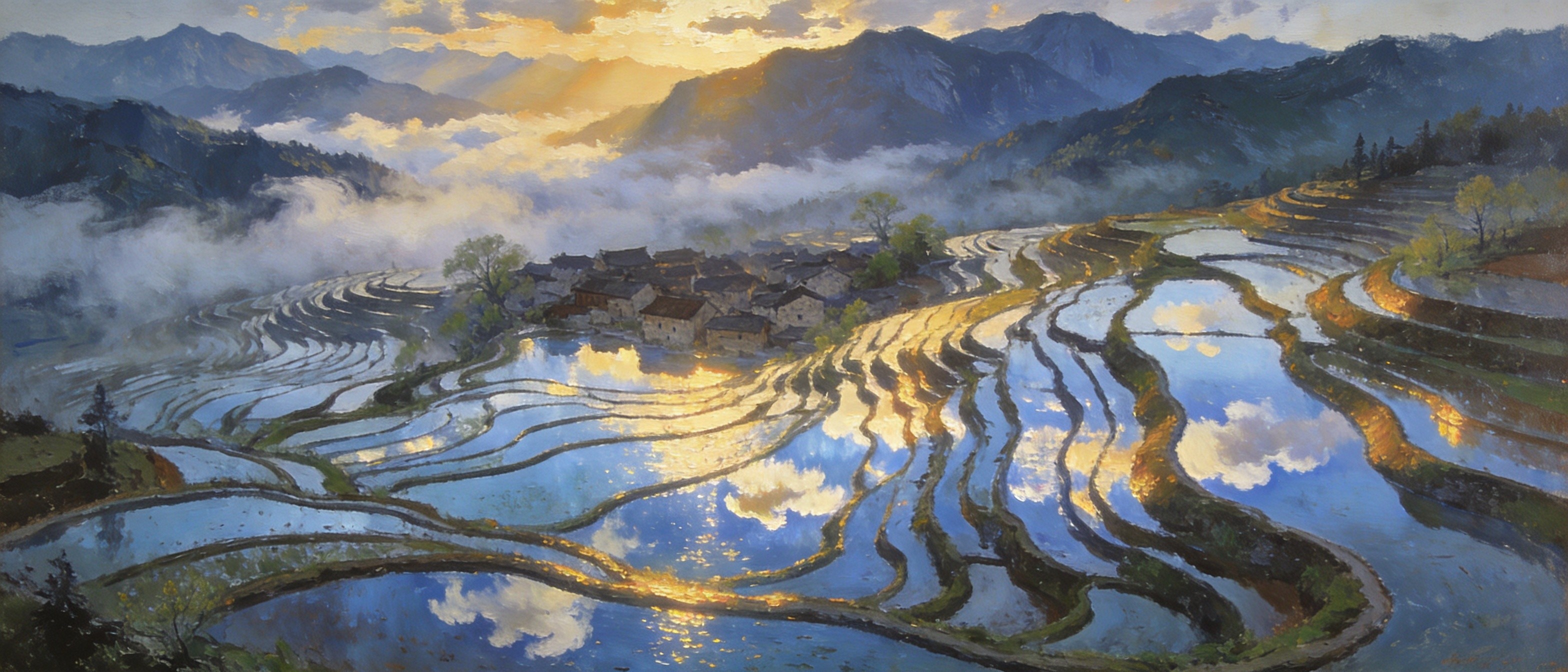 汉阴凤堰梯田与凤凰山全景秋色