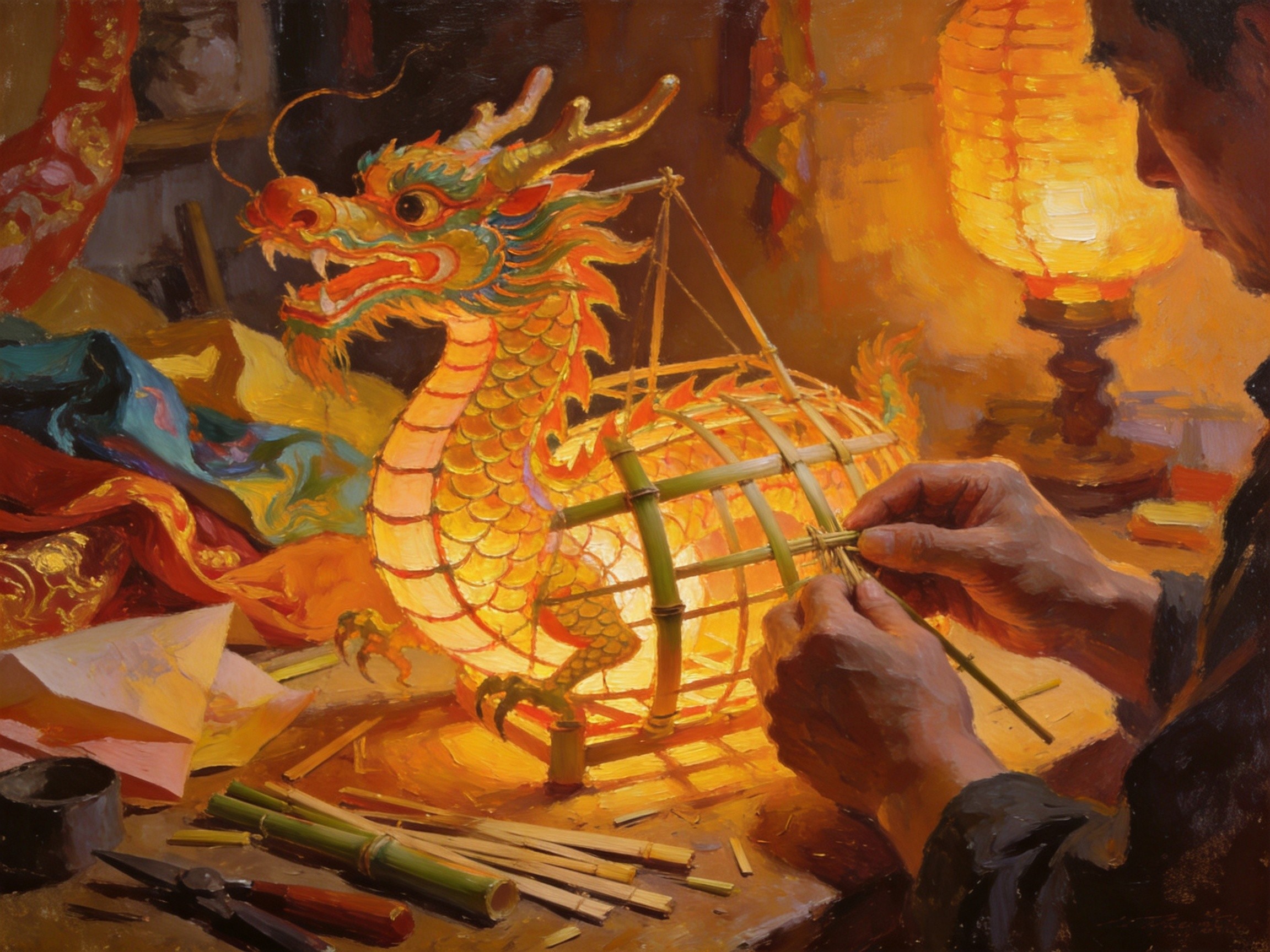 匠人手工扎制彩扎龙灯