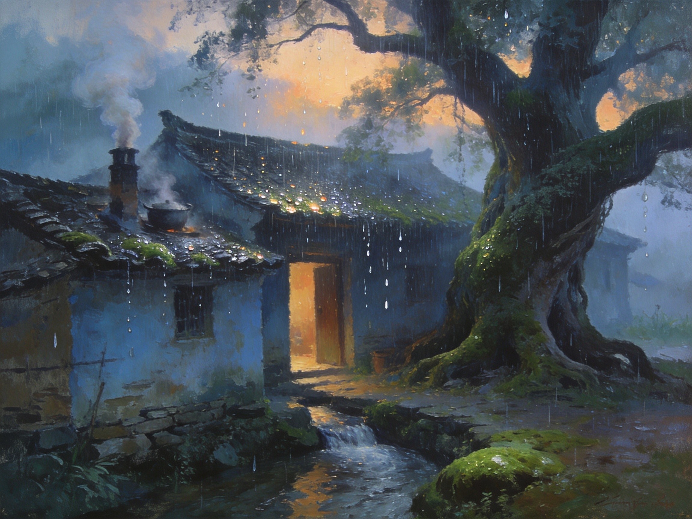 炊烟升起古村人家晨景