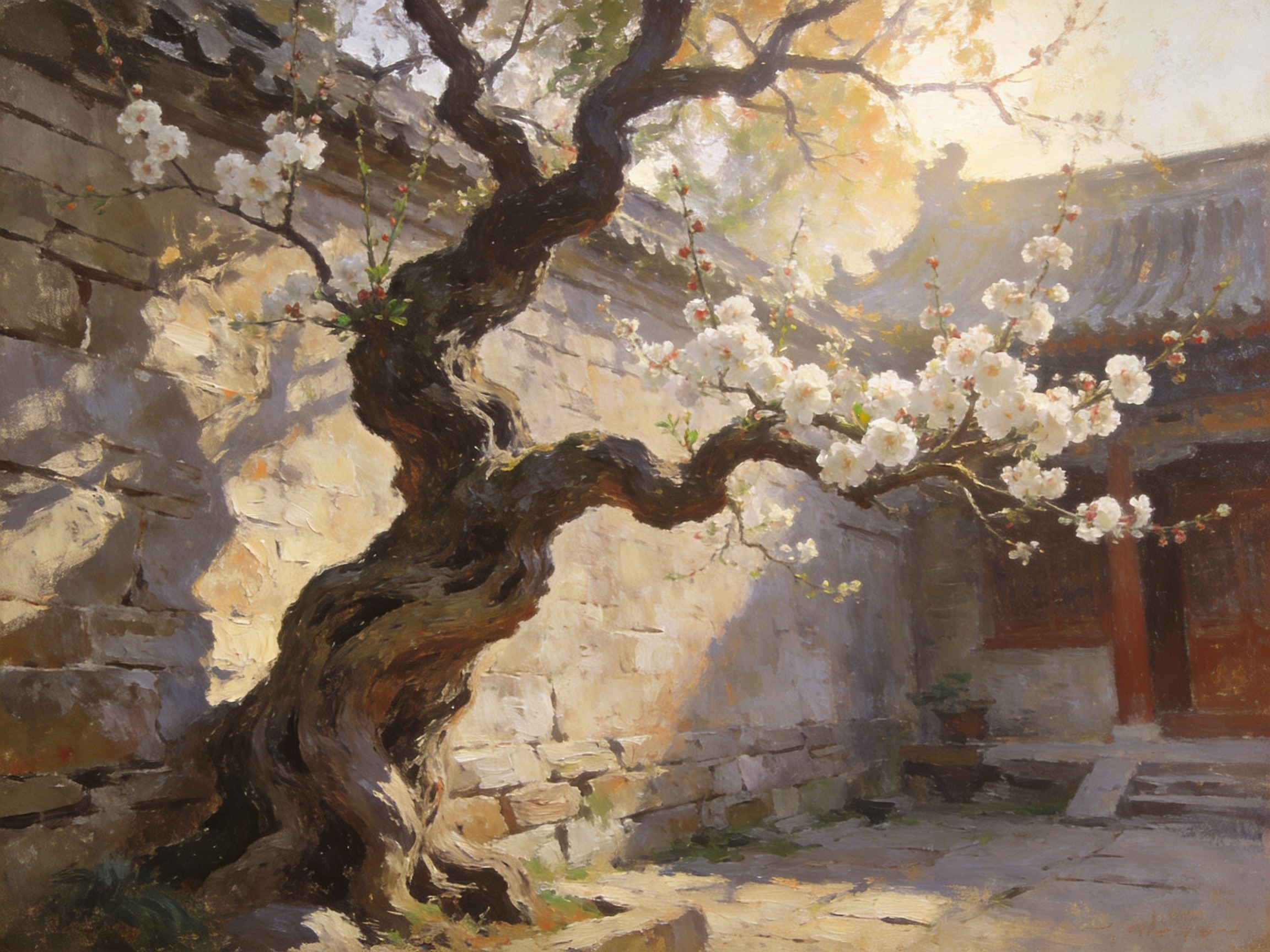 国清寺隋梅花开·油画意境