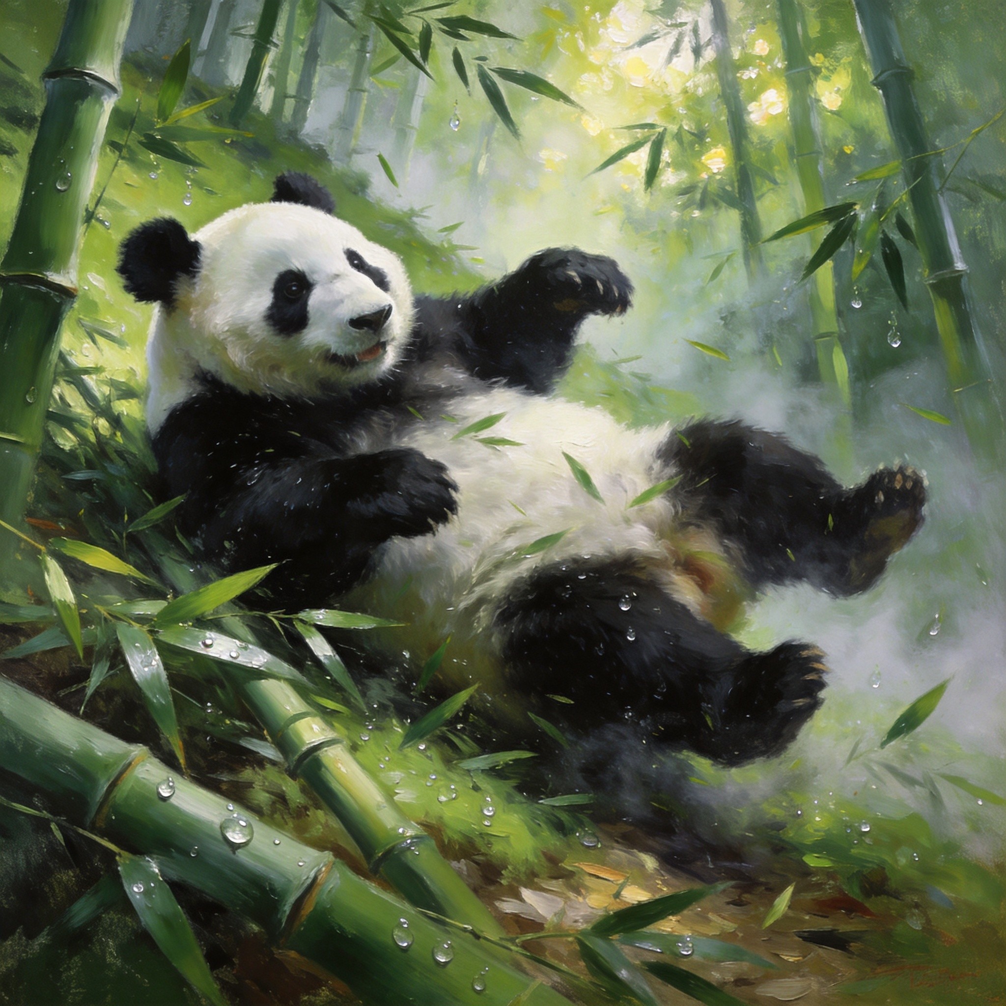 熊猫谷箭竹海中大熊猫嬉戏的生动场景