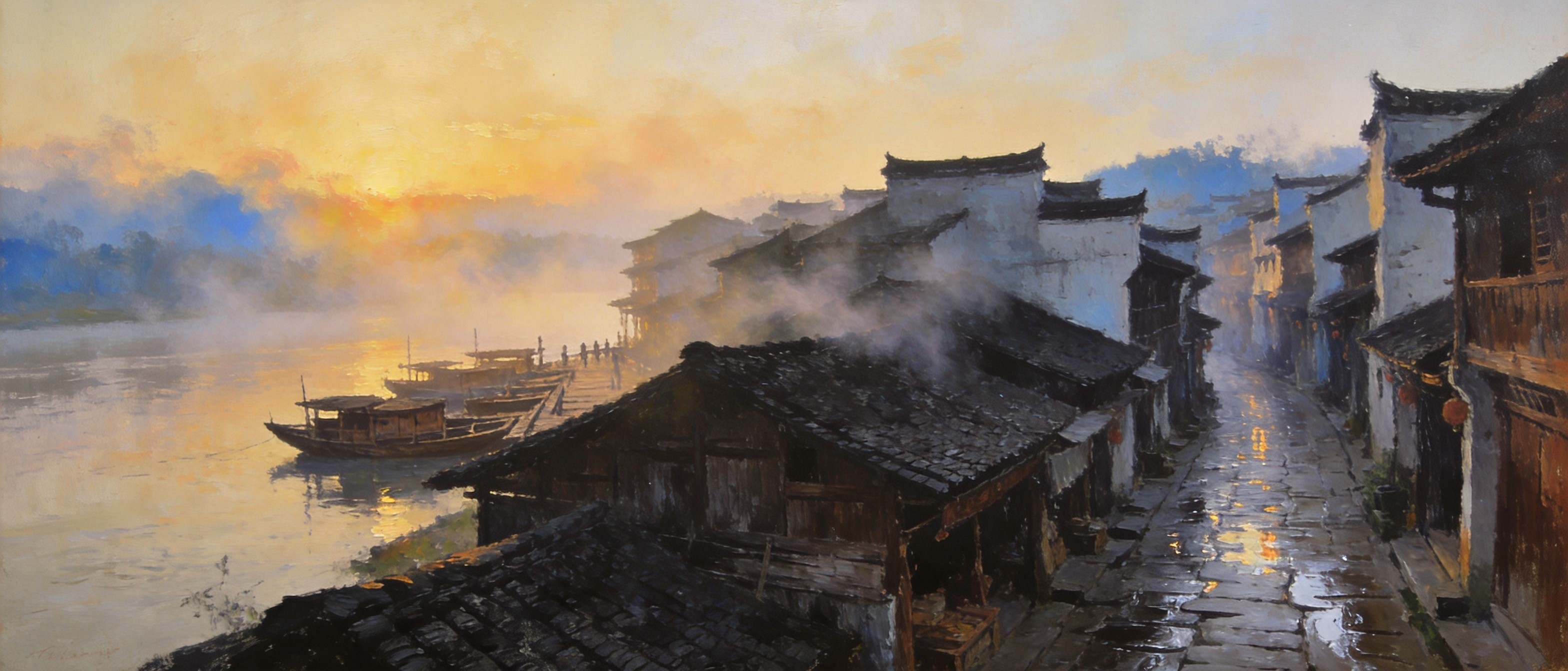 浦市古镇沅江晨雾中的全景