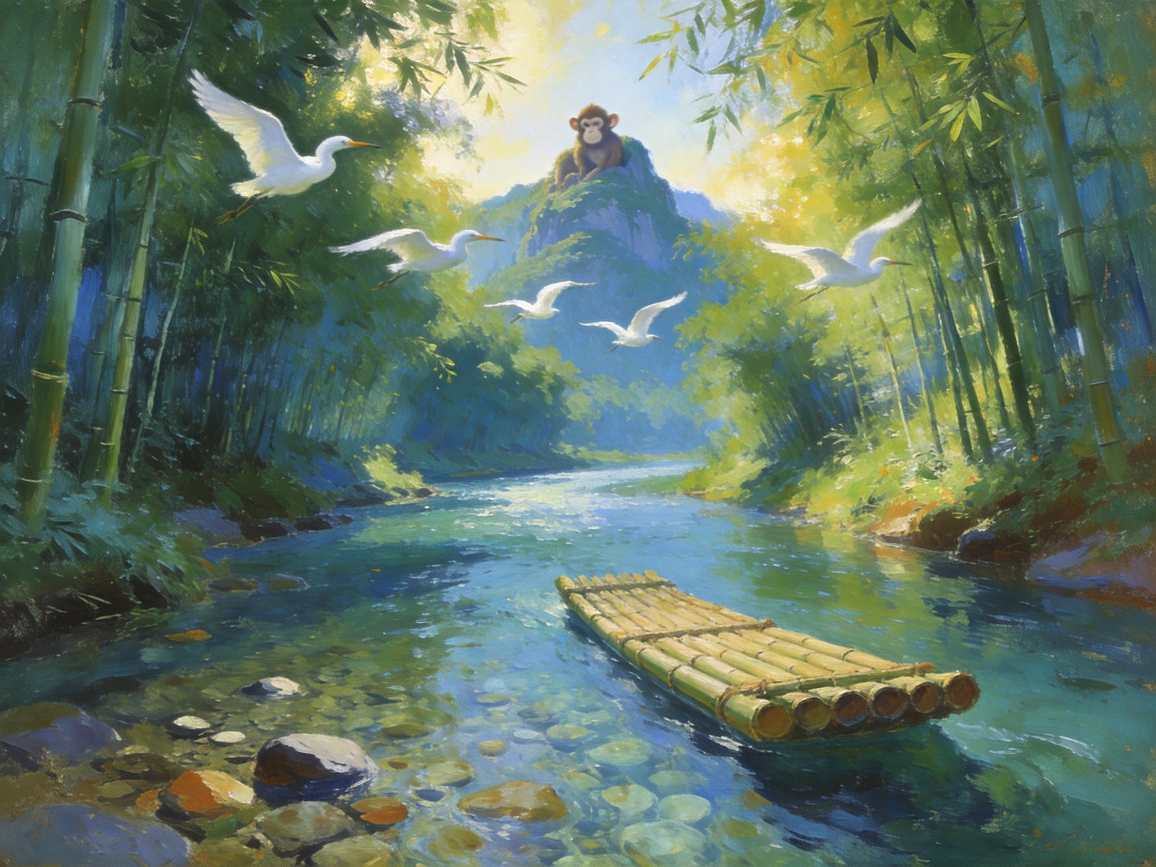 古水河竹筏白鹭与青山倒影