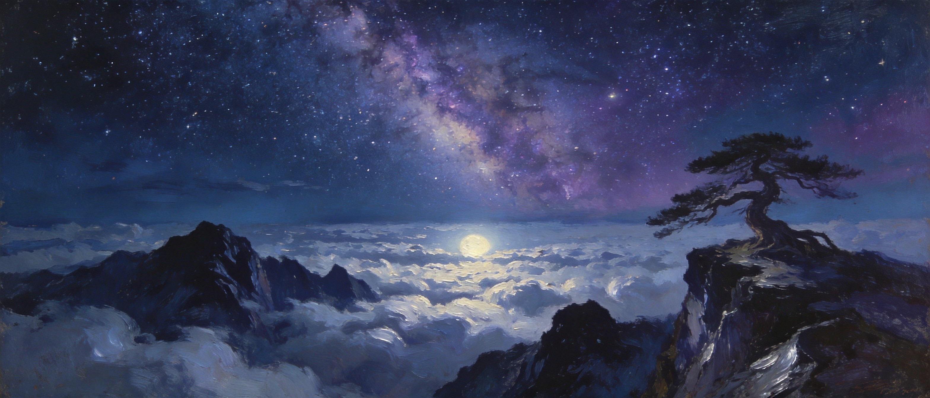 岭上白云下星空与山峦