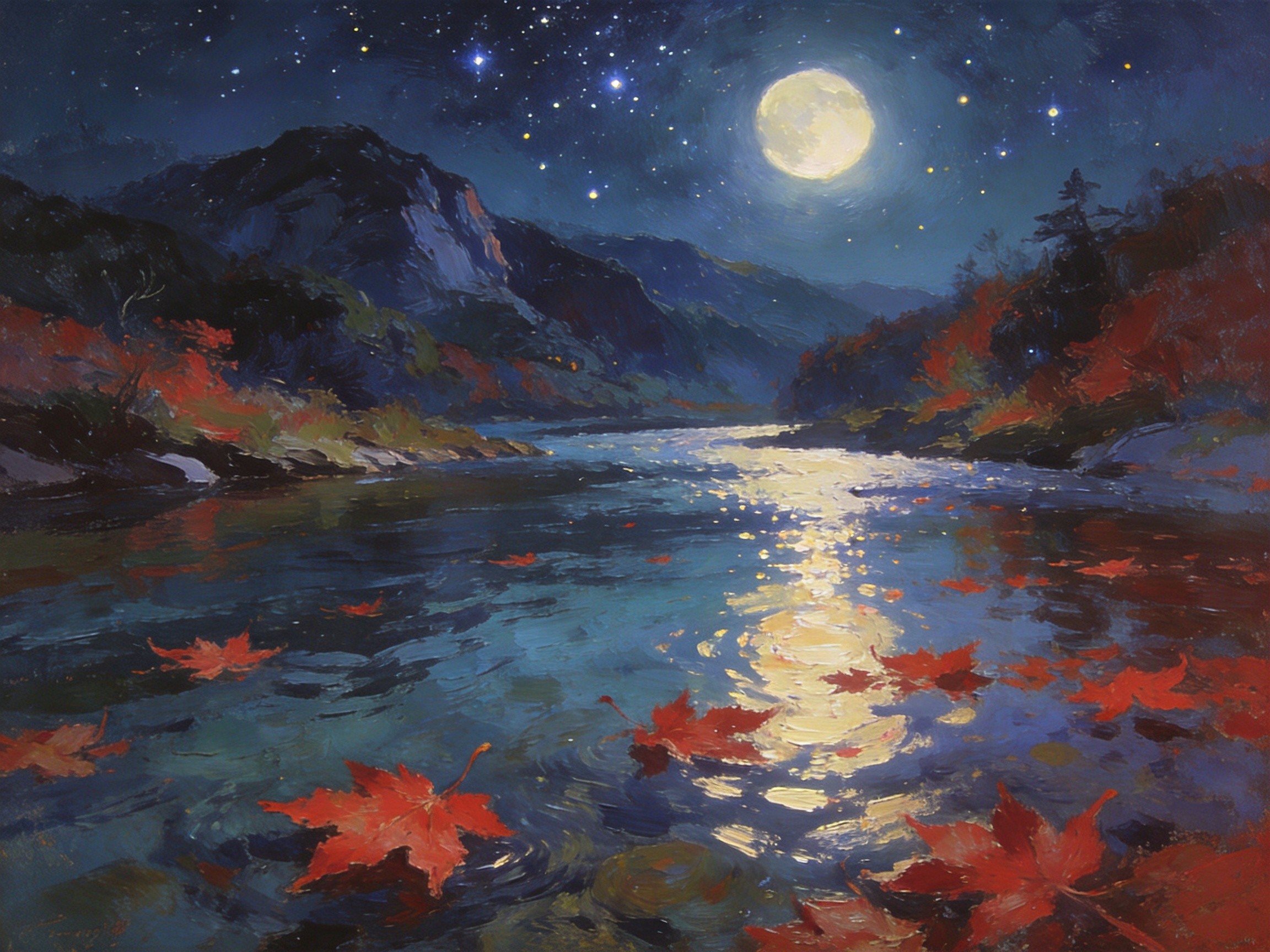 九资河夜色宁静，红叶落满水面
