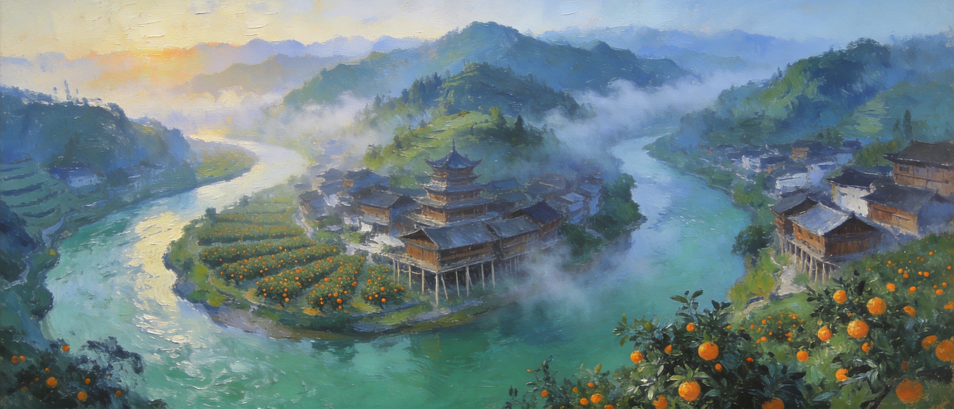 锦江晨雾中的苗寨与橙园