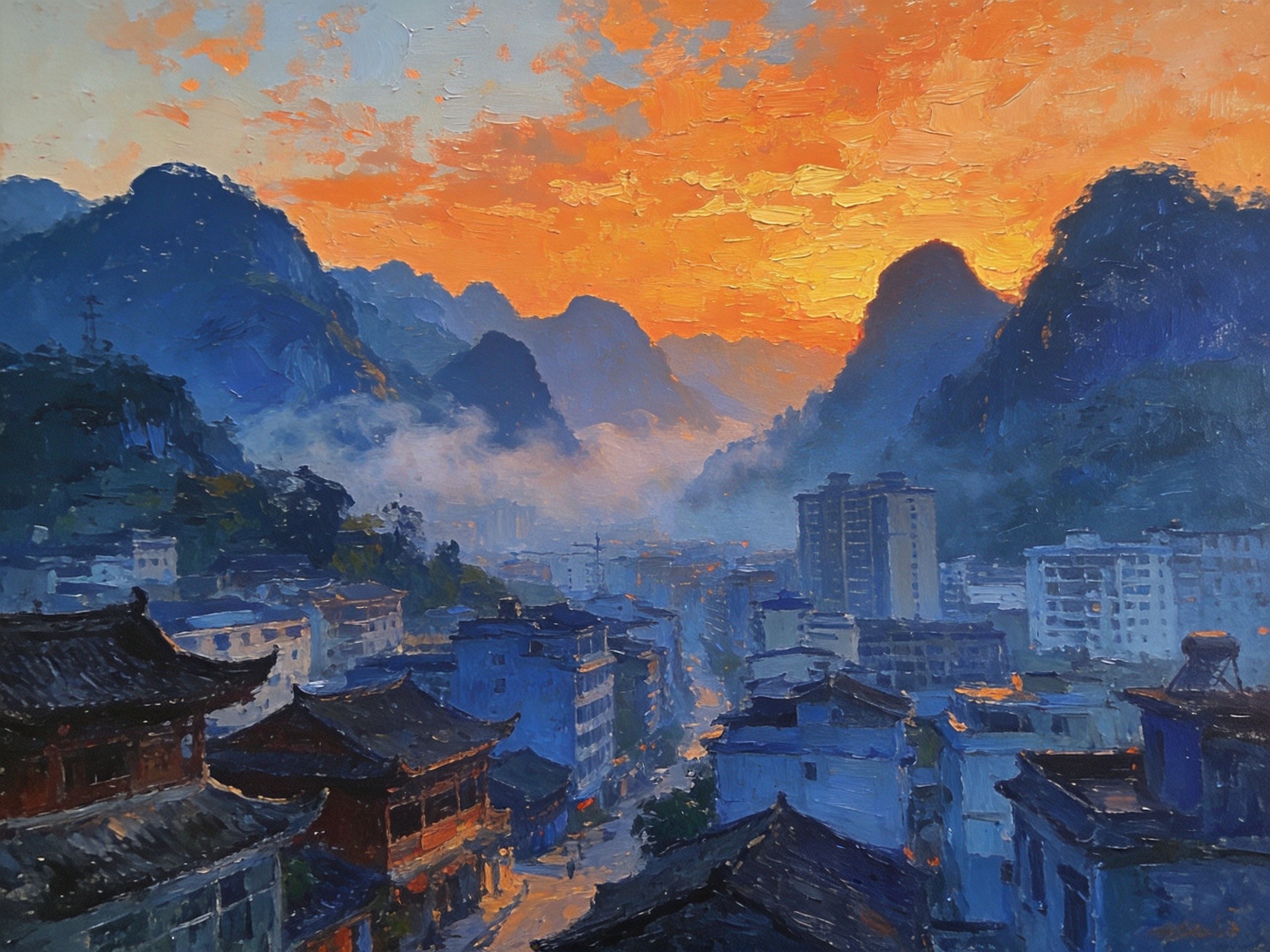 利川凉城傍晚，夕阳映照苏马荡