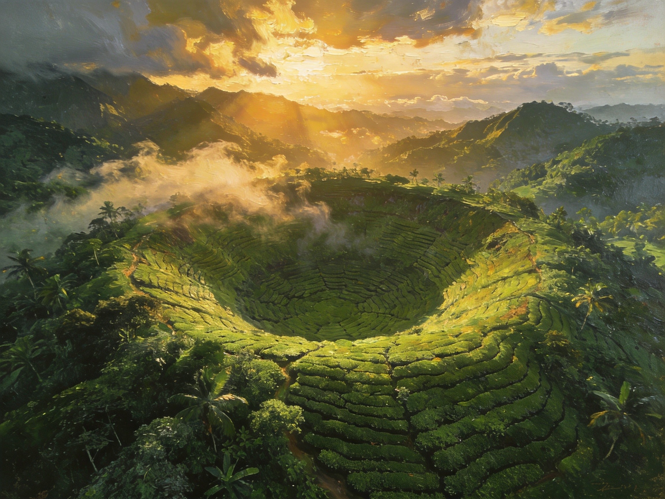 陨石坑茶园晨雾缭绕