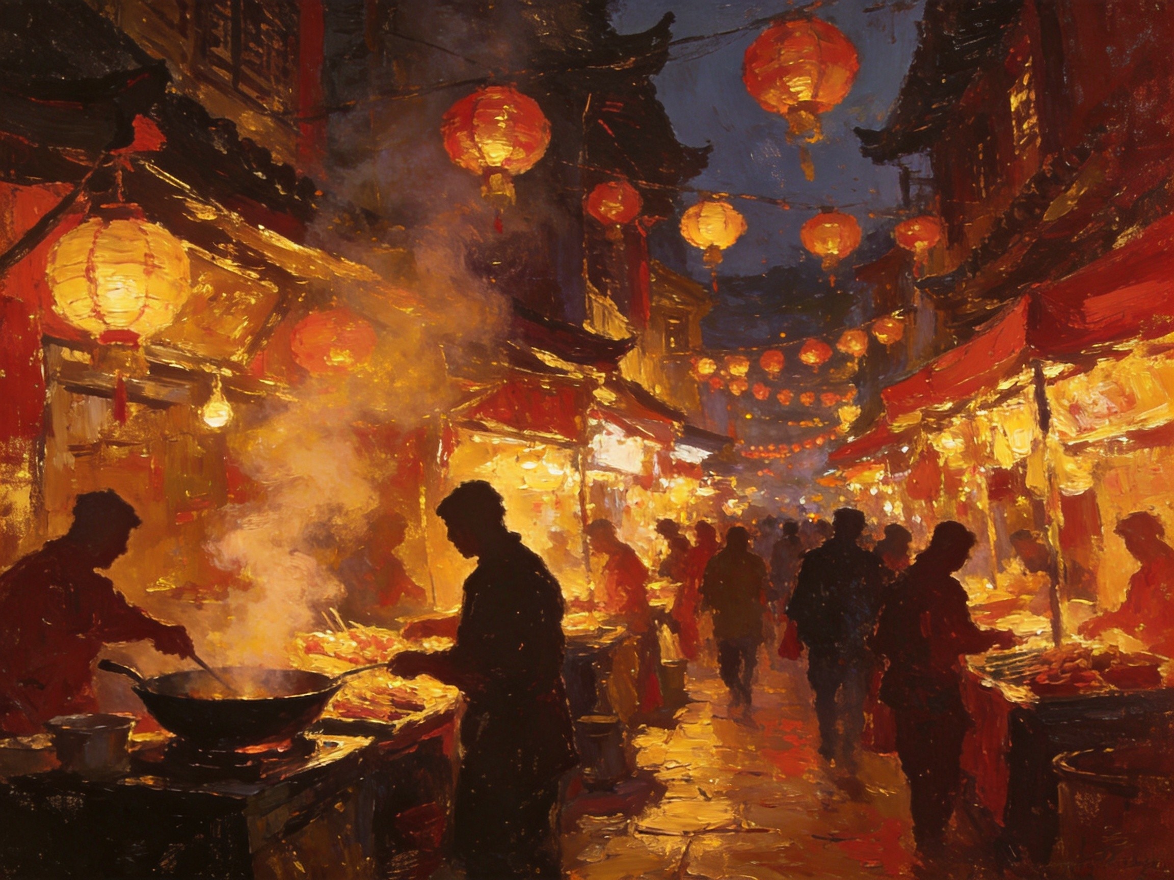 古镇集市小吃摊烟火