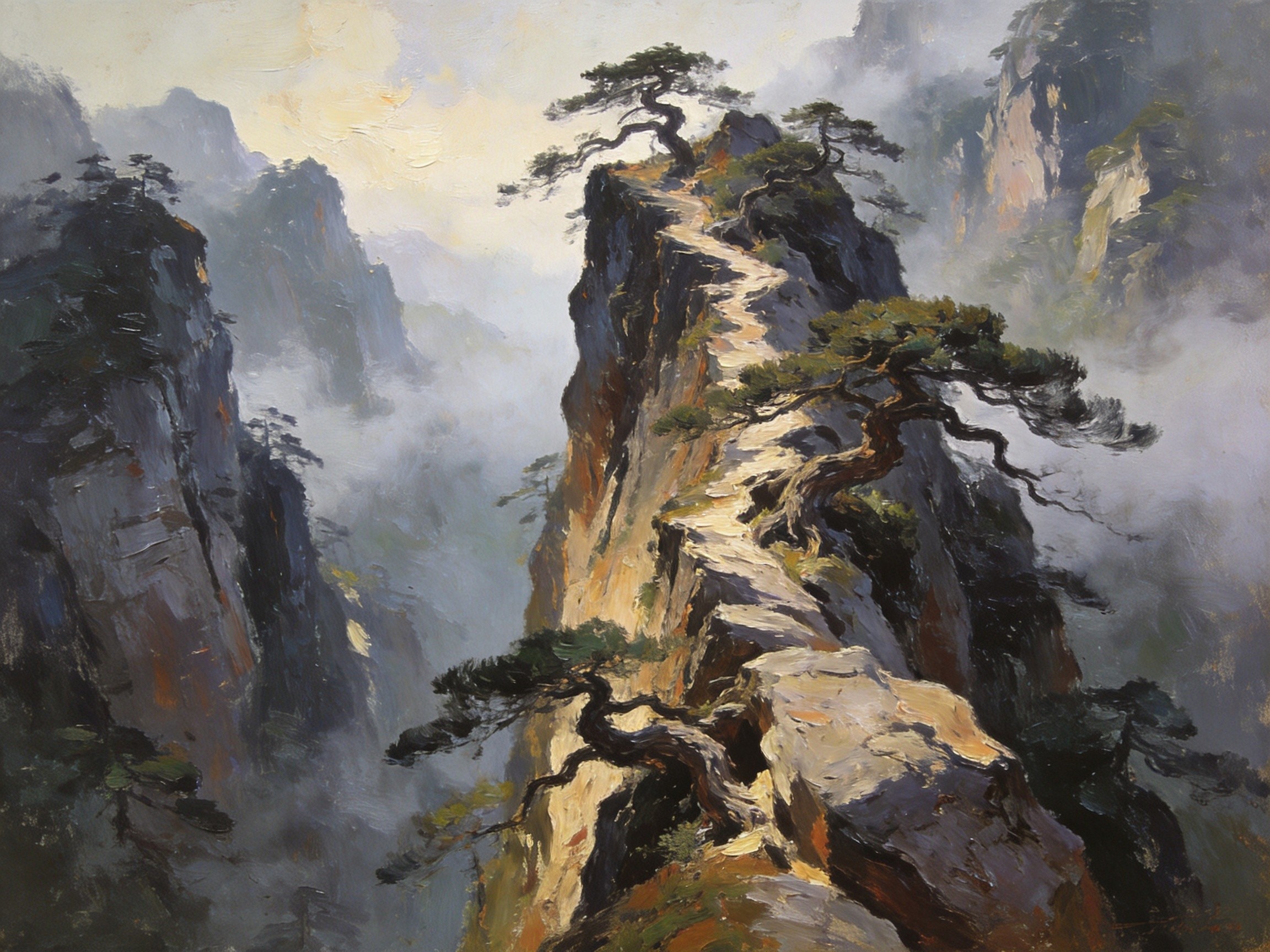 薄刀峰奇松矗立山脊，云海如浪翻涌