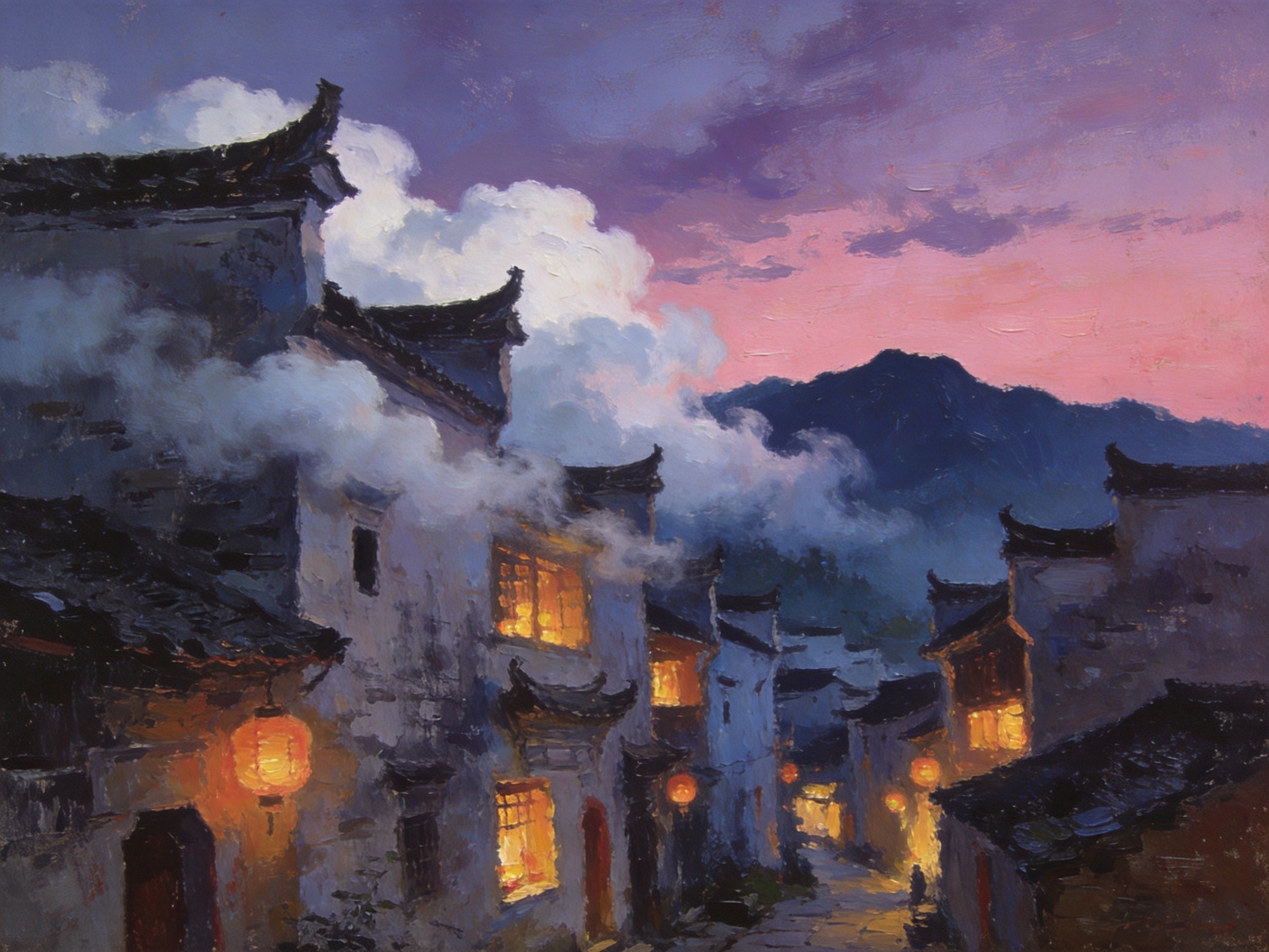 古村与白云相伴的宁静时光