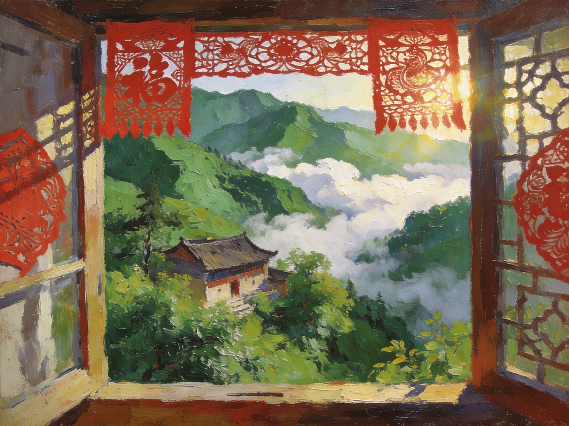 云谷闲居半窗红纸
