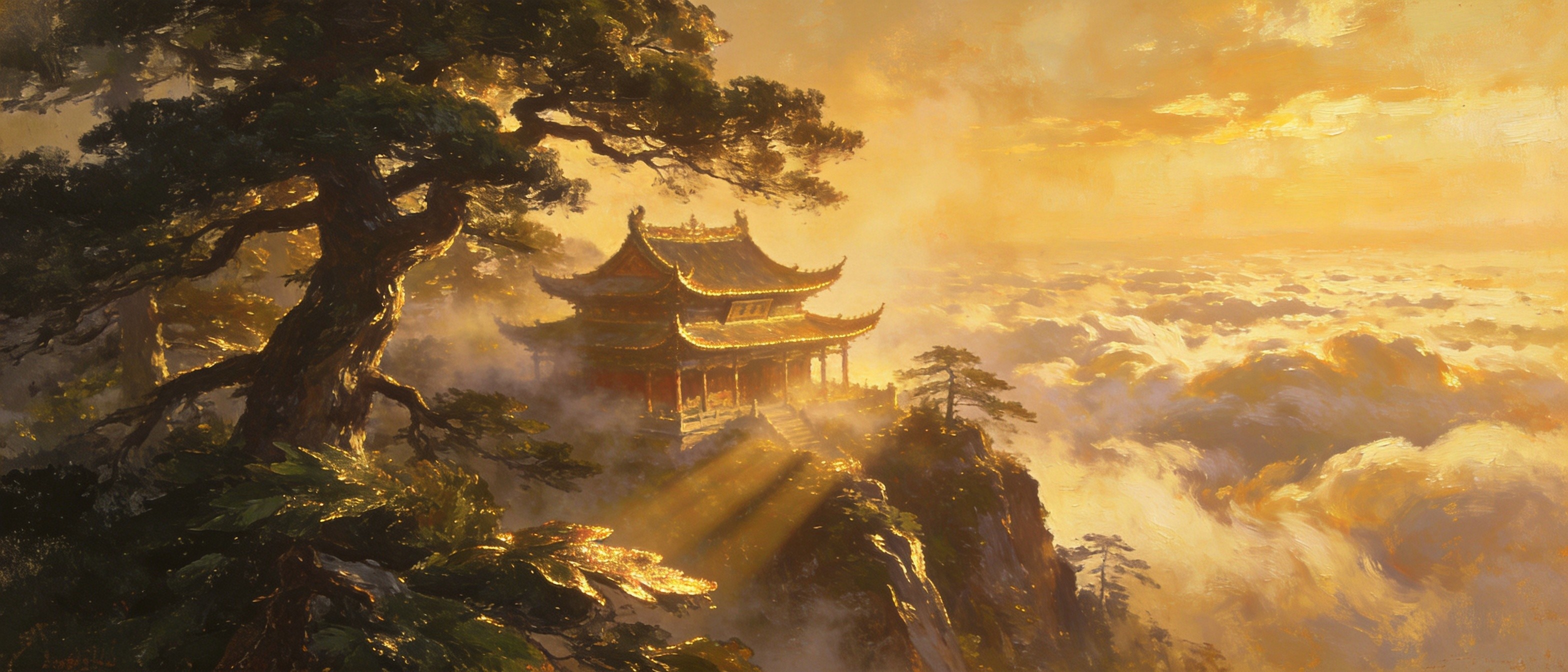 龙山药王殿外云海翻涌群山叠翠