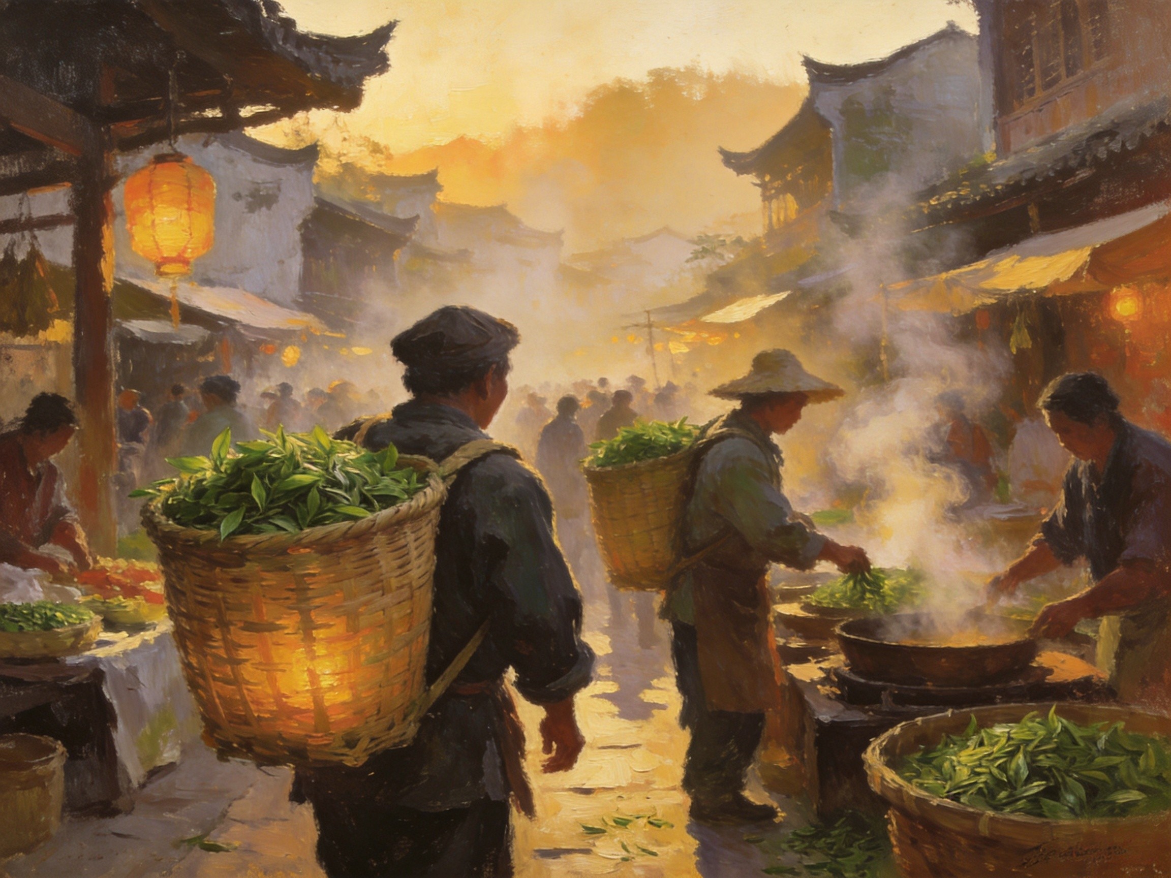 堰口古镇清晨茶市忙碌的交易场景