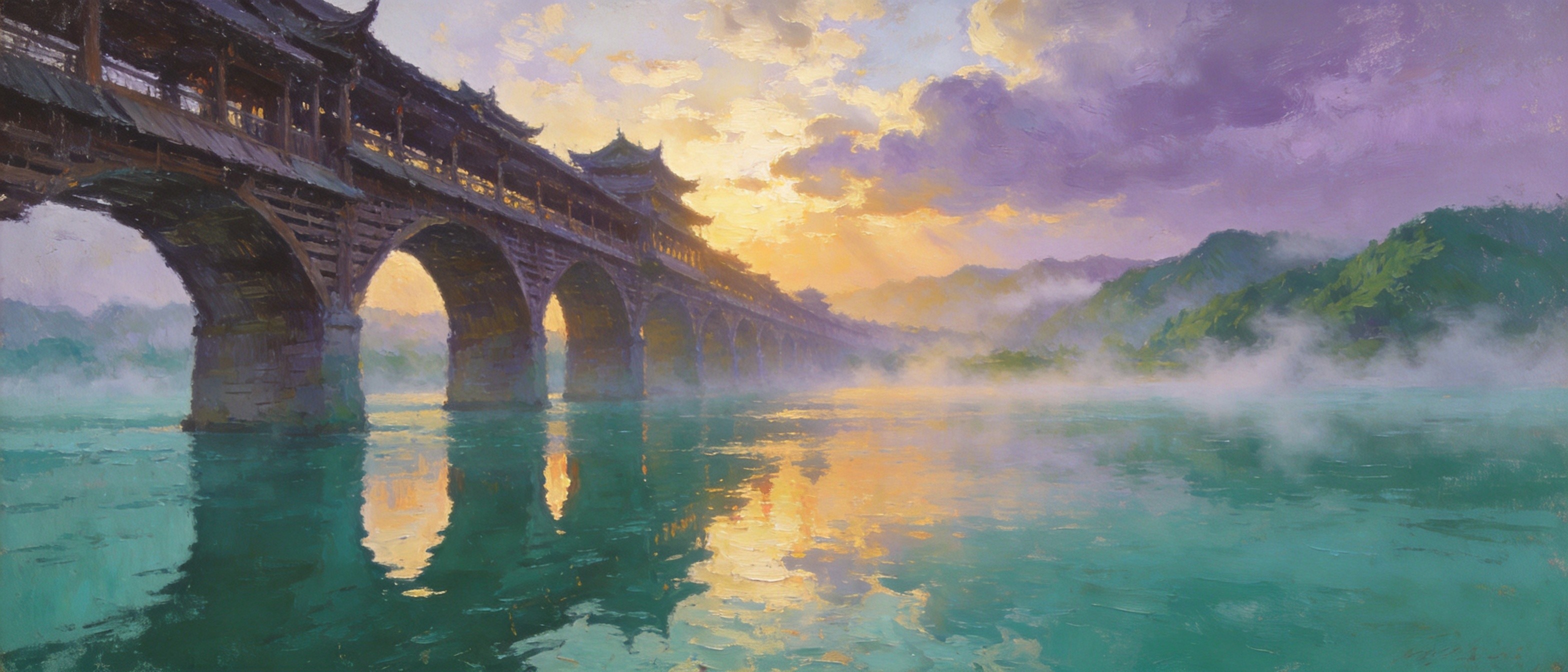 濯水风雨廊桥晨雾