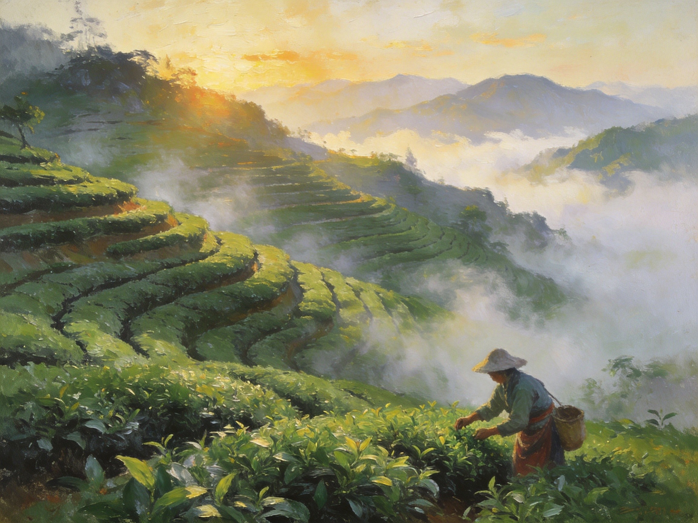 柏塘茶田晨雾与采茶场景