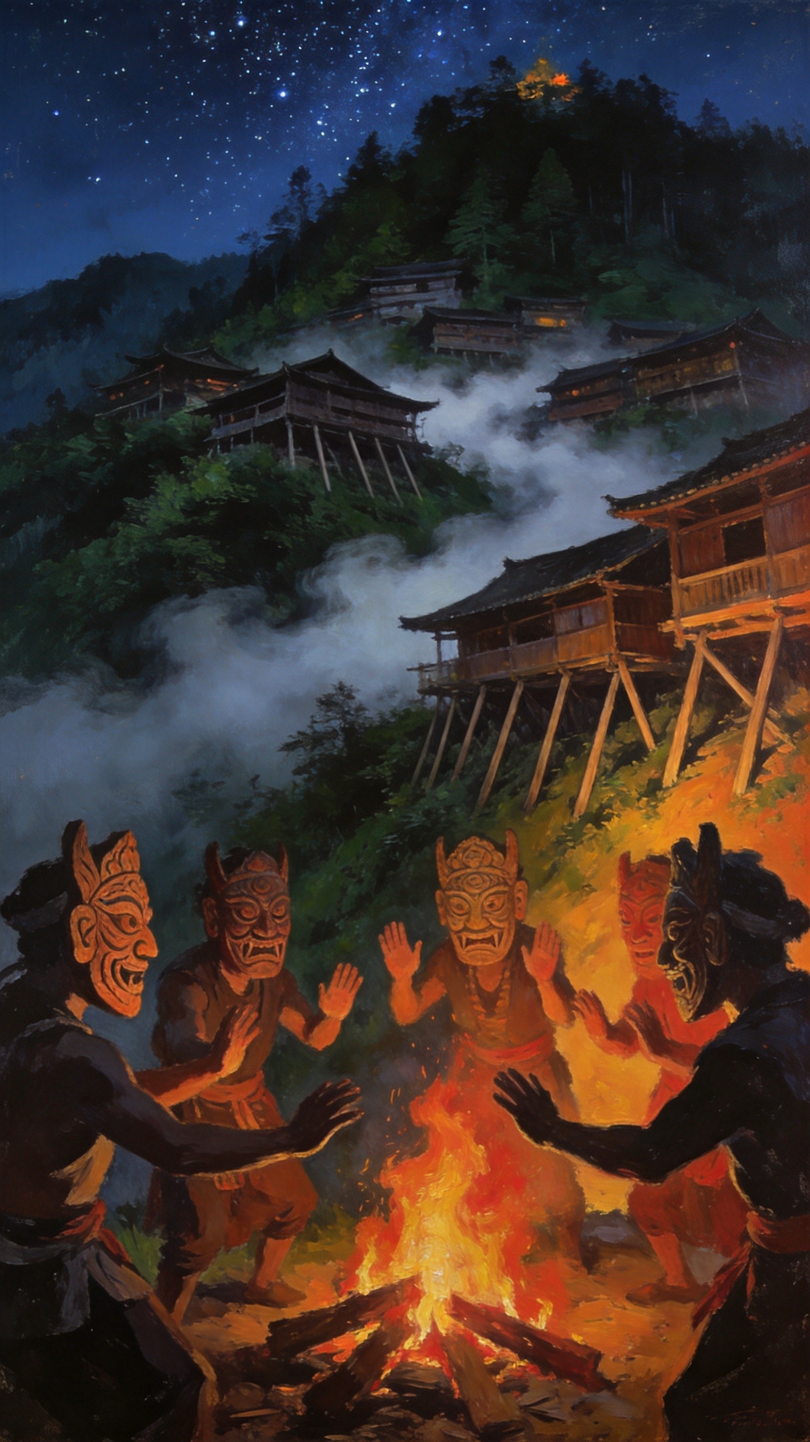 黄桑晚霞中的山峦天际线
