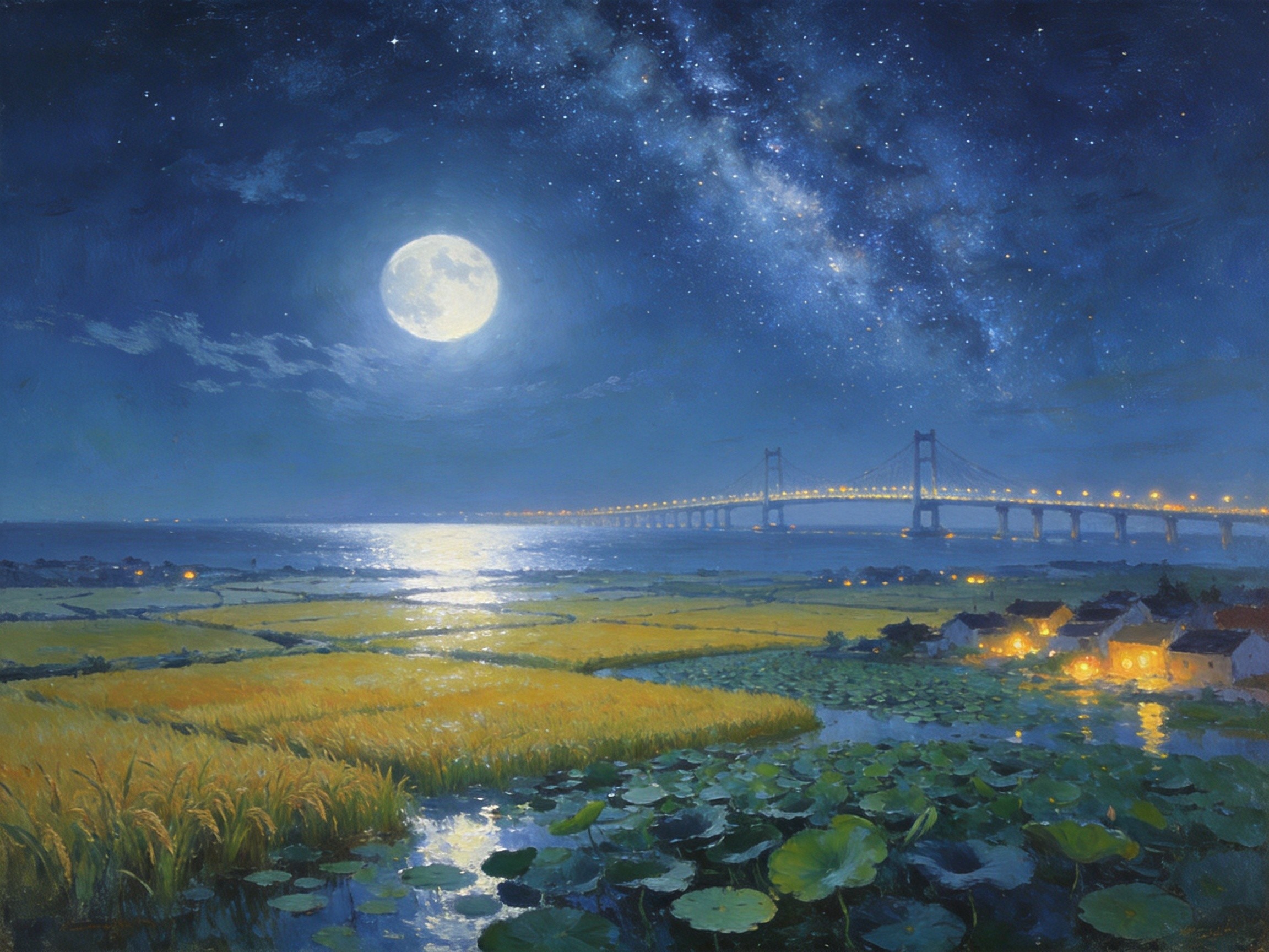 月夜下慈溪沃野千里与跨海大桥交辉的丰年意境