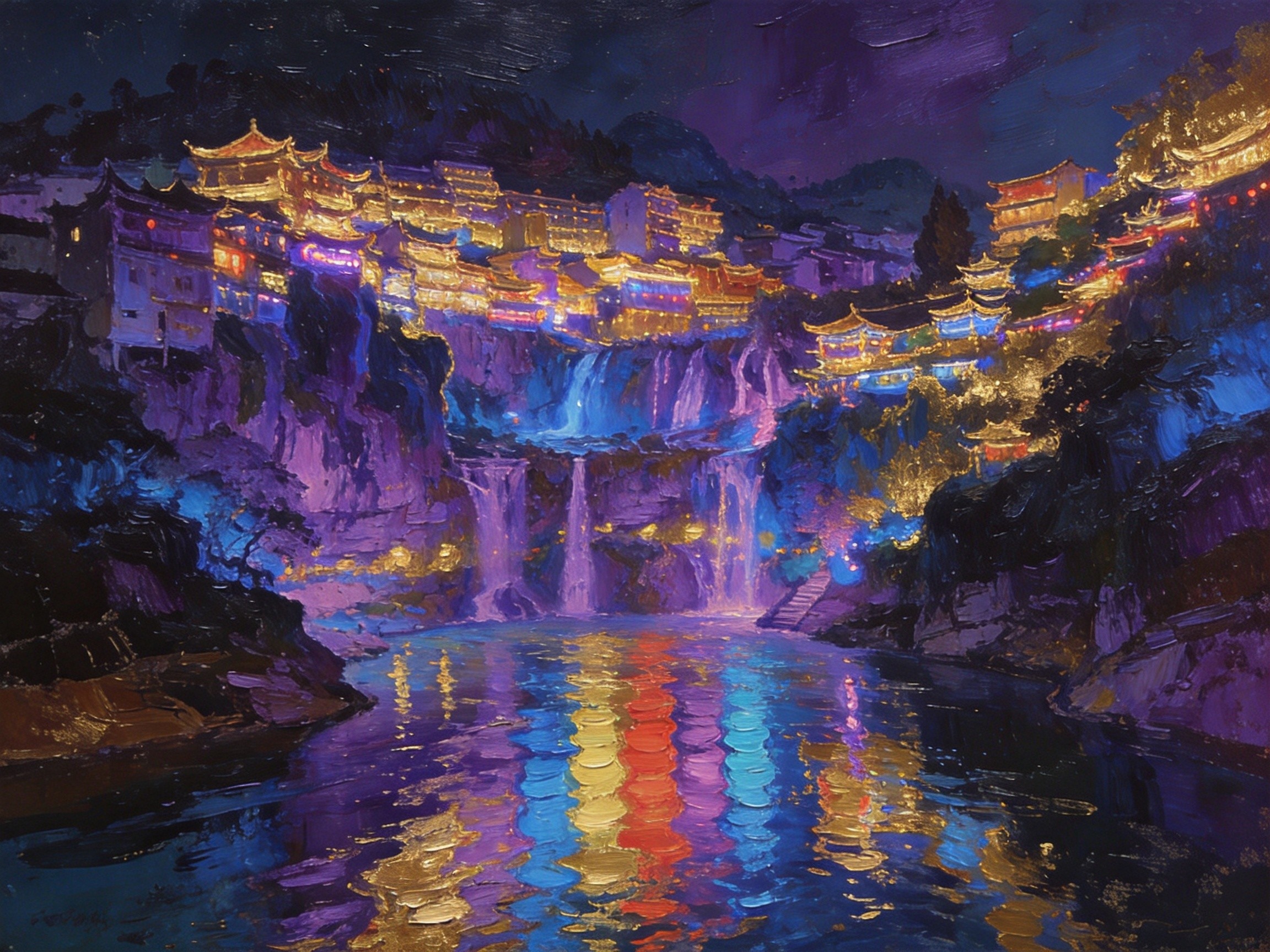 七彩凤县夜景灯光映照嘉陵江