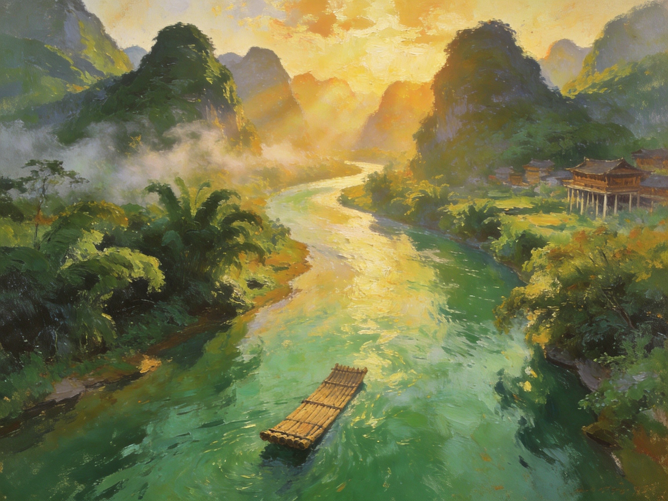 贝江蜿蜒于千山万壑间·油画意境