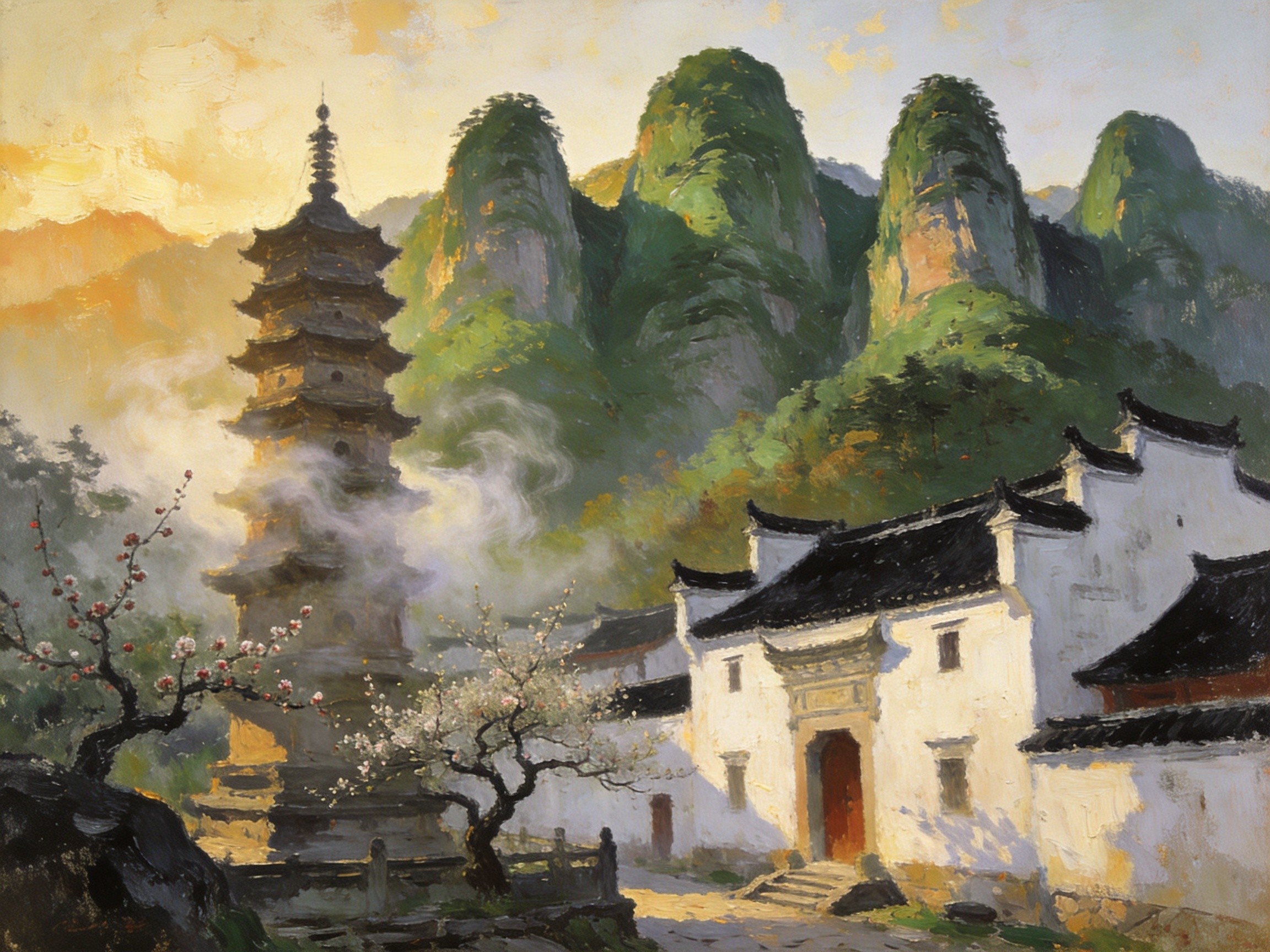 国清寺五峰环抱·油画意境