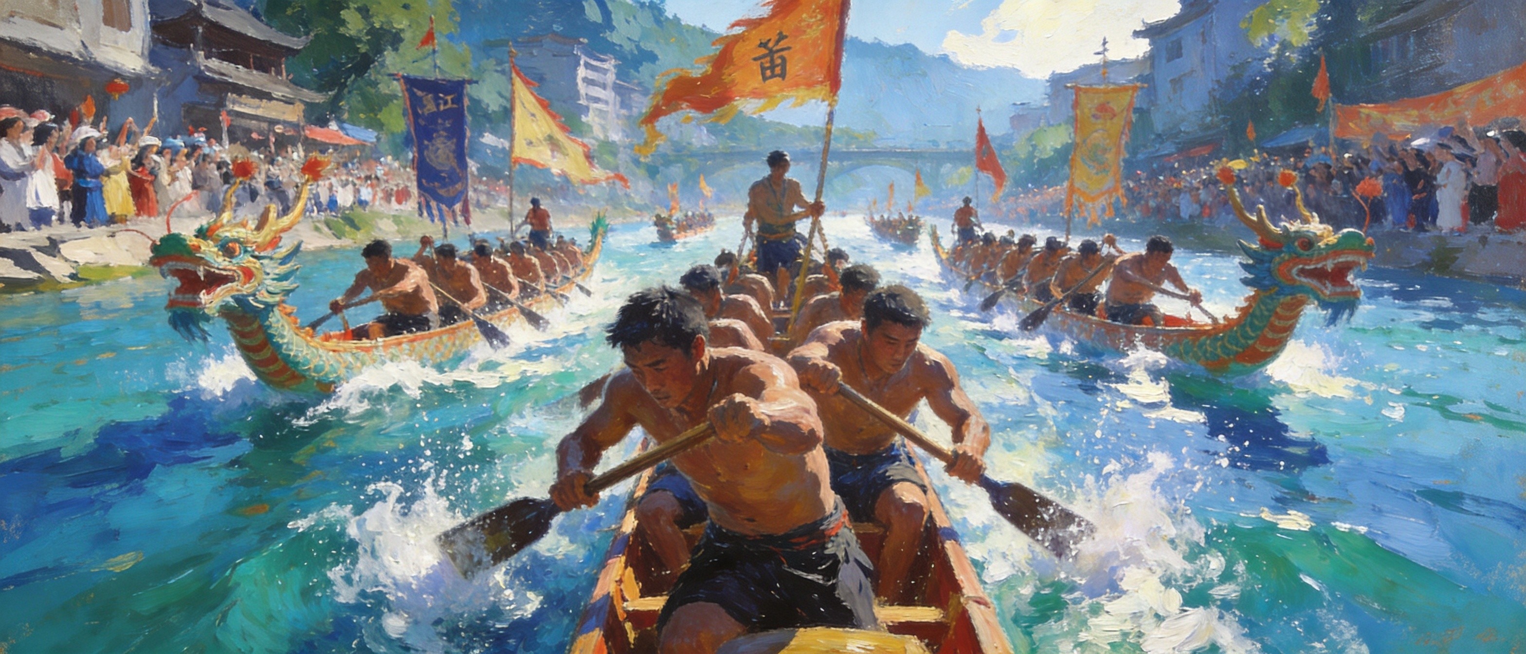 锦江龙舟竞渡的激烈场面