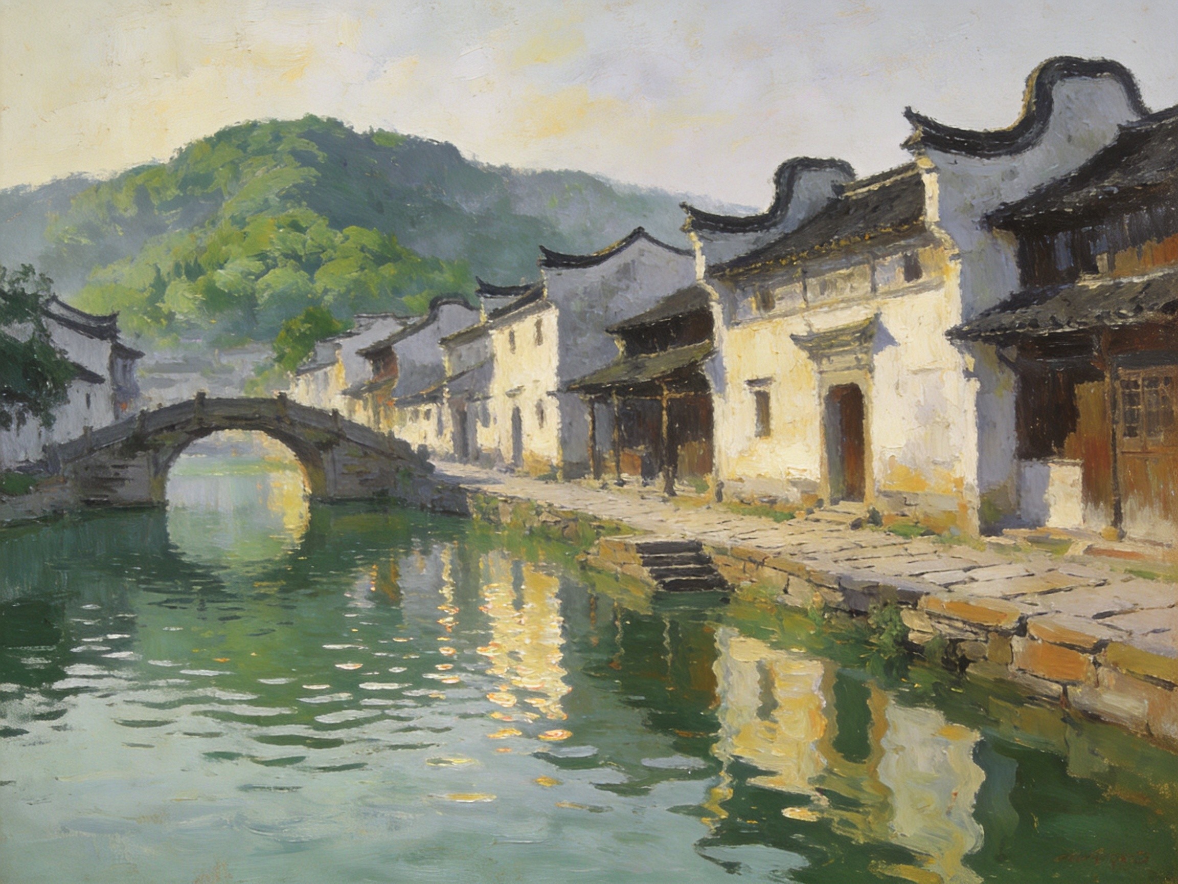 鸣鹤古镇白洋湖畔马头墙倒映碧波的江南水乡