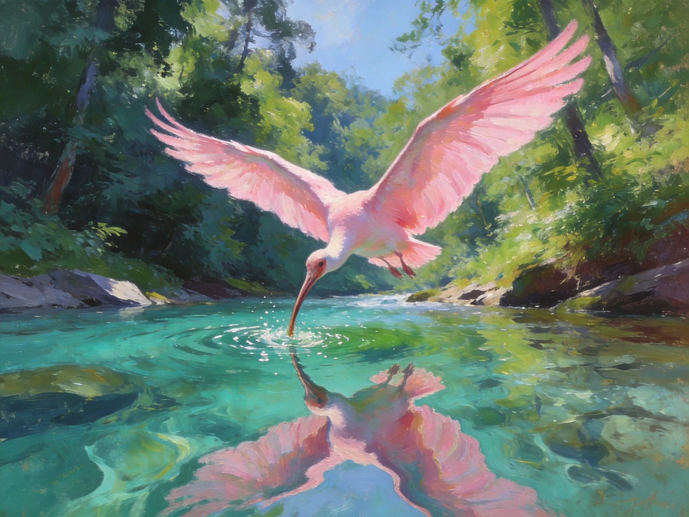 朱鹮展翅飞过碧绿溪水