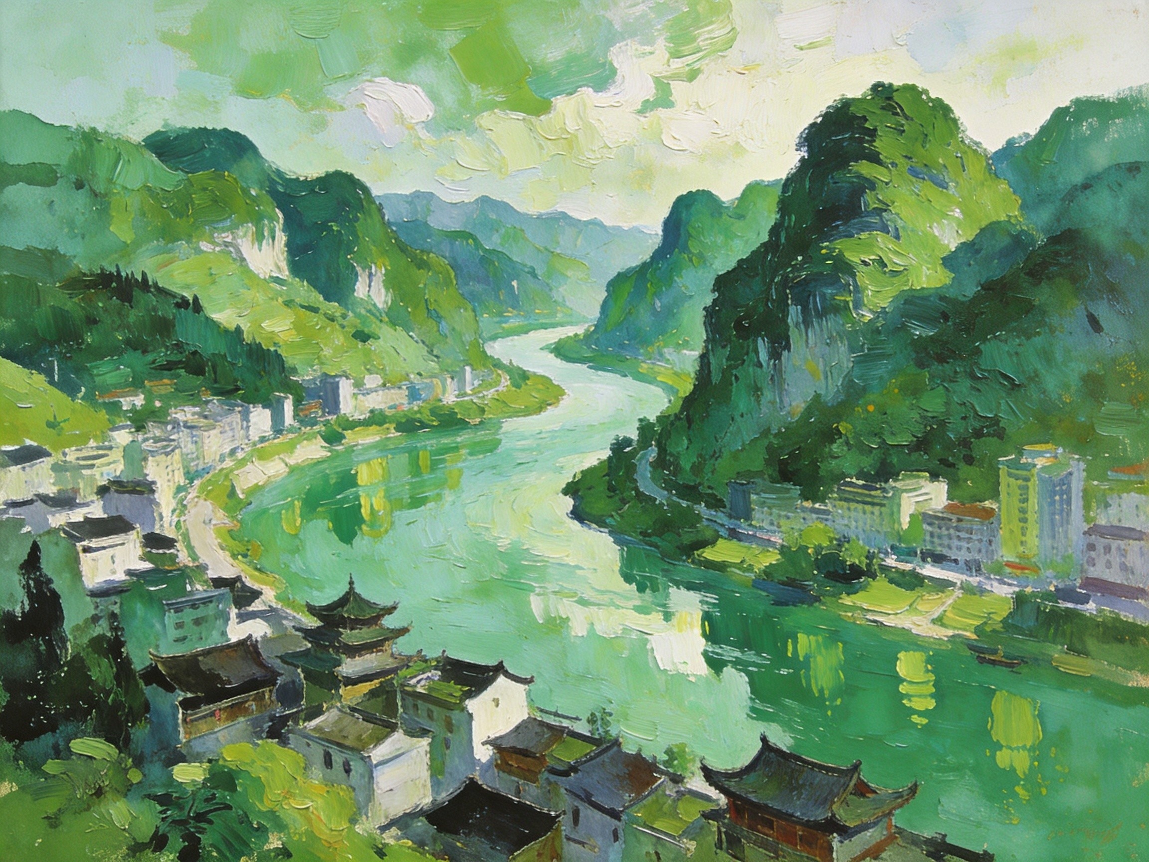 清江碧水抱城，两岸青山如画