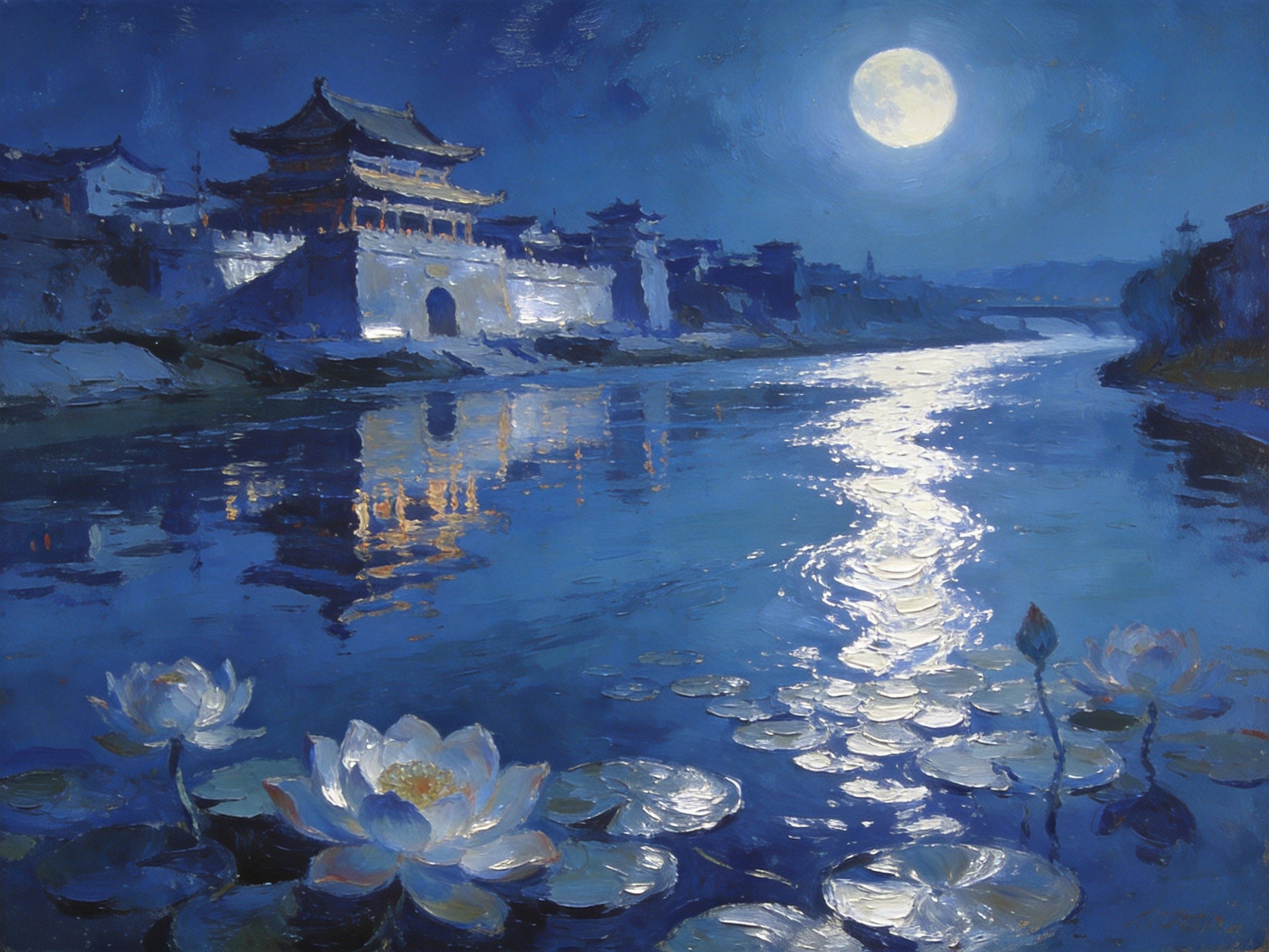 卫河月夜波光粼粼