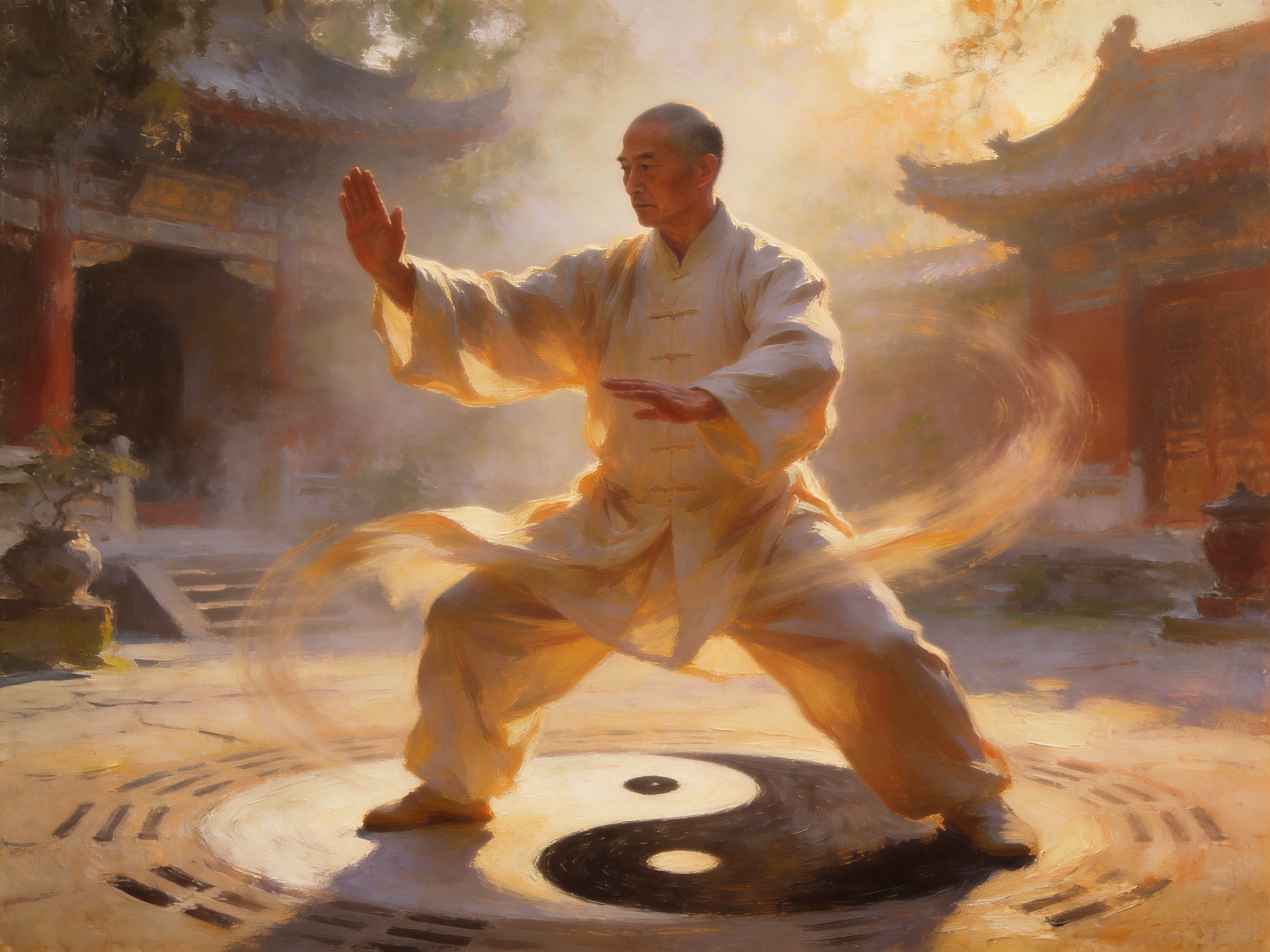 太极拳师云手推掌，阴阳调和动静相生