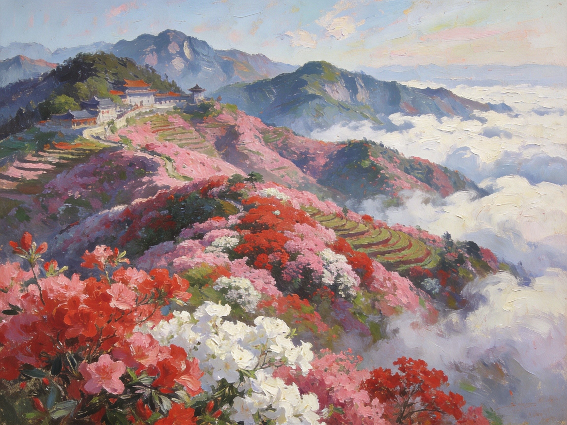 苏马荡十万亩杜鹃花海，云雾缭绕