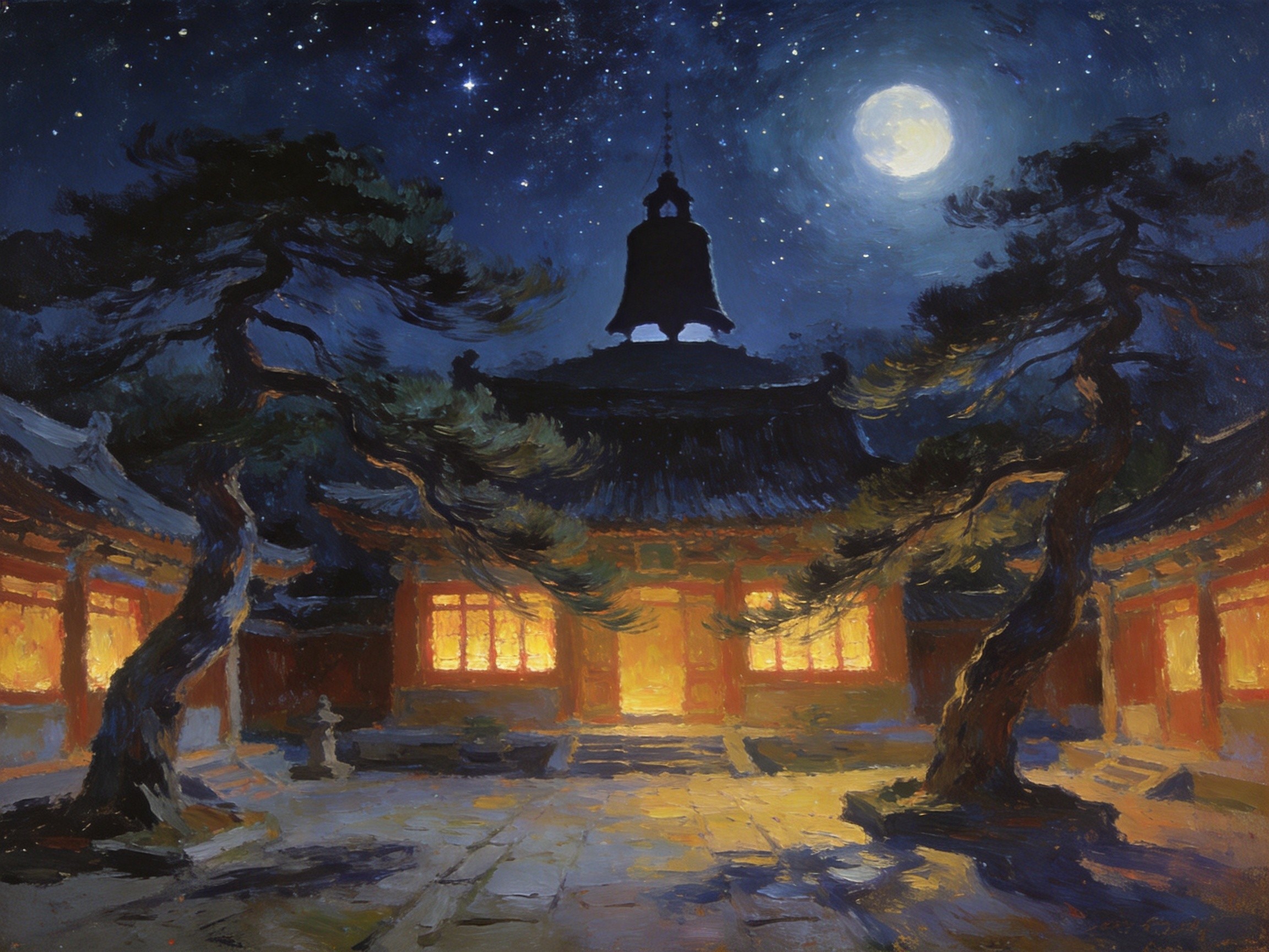 月山寺松风月色，夜钟悠扬入梦来