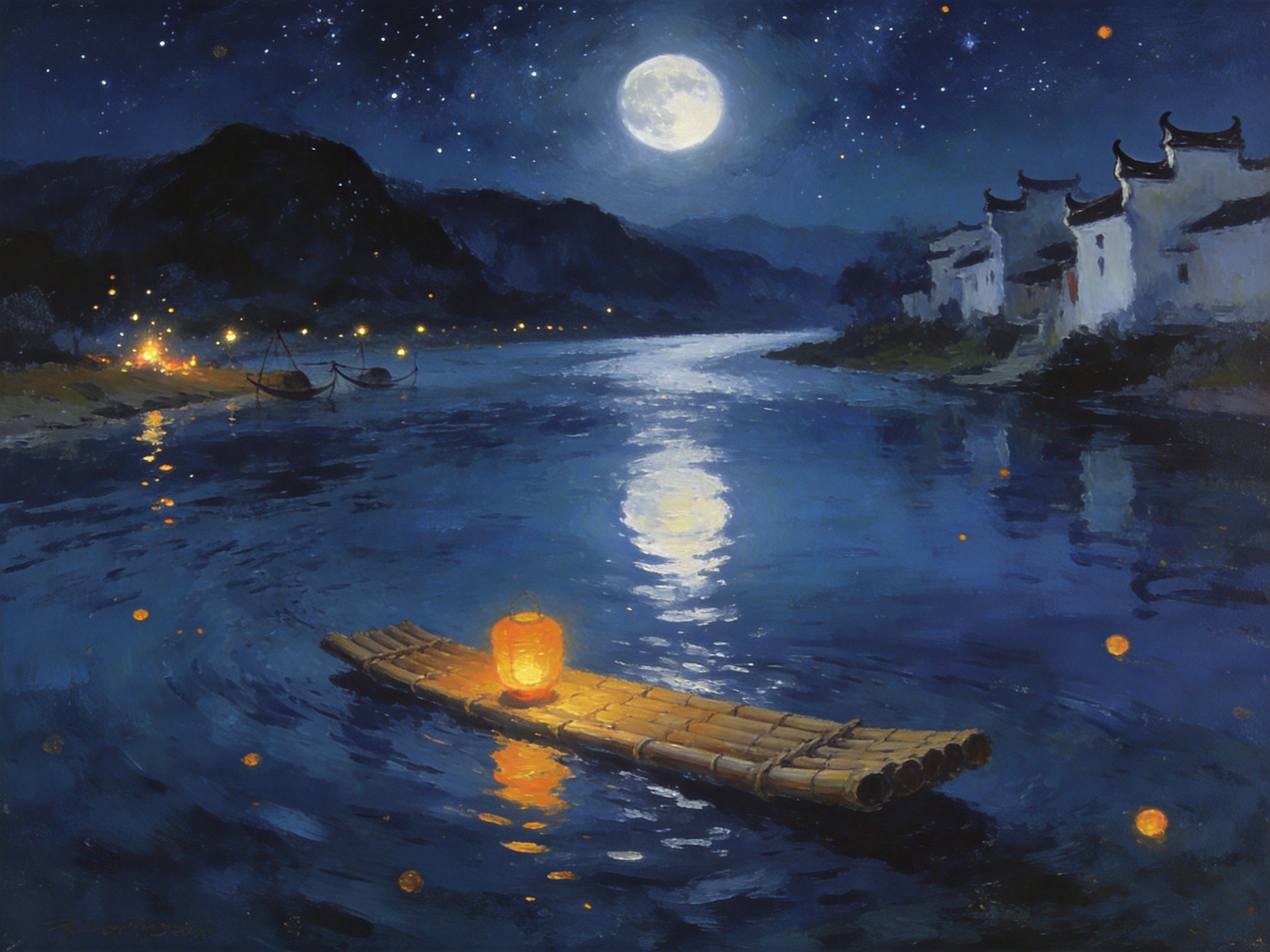 秋浦河月夜竹筏