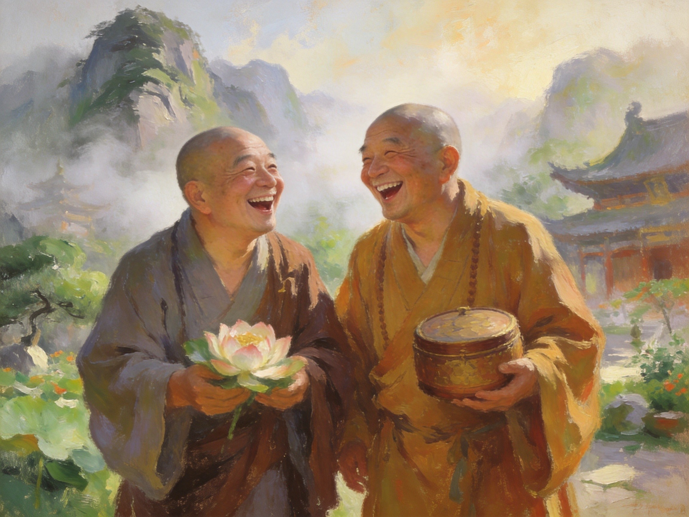 和合二仙笑呵呵·油画意境